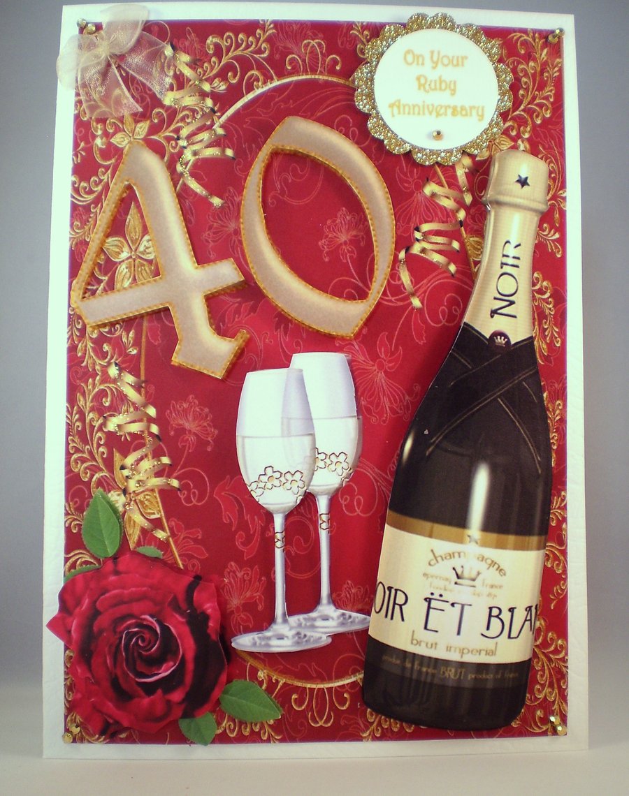 Handmade 40th Ruby Anniversary Card, Decoupage ,3D, Personalise