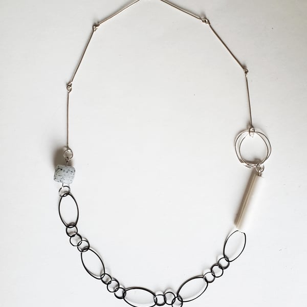 Unusual contemporary sterling silver long chain necklace 