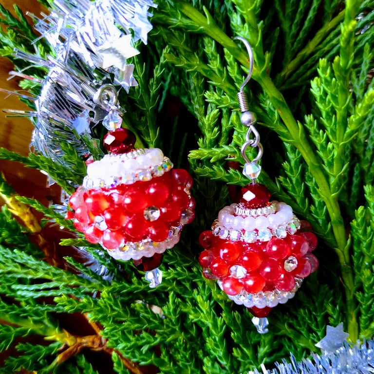 Red White Crystal Christmas Bauble Floral Statement Earrings
