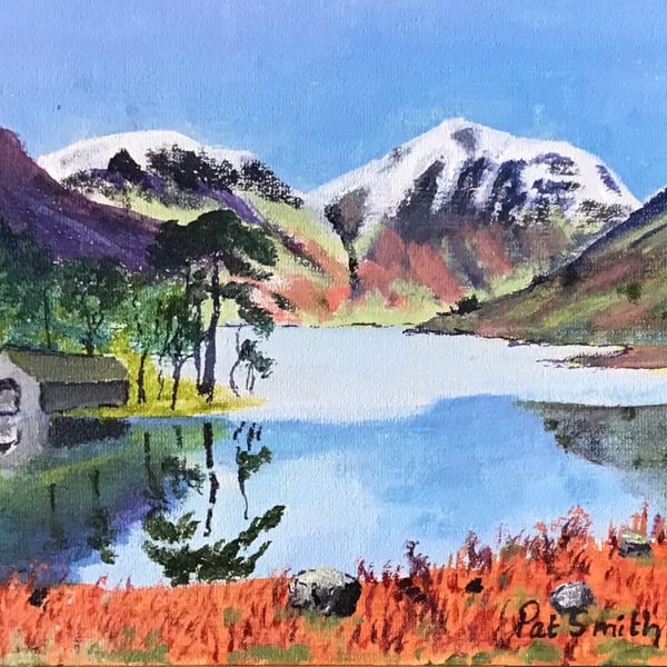 7”x 5”, Small Original Acrylic Painting, Wastwater Boathouse, Lake District, 