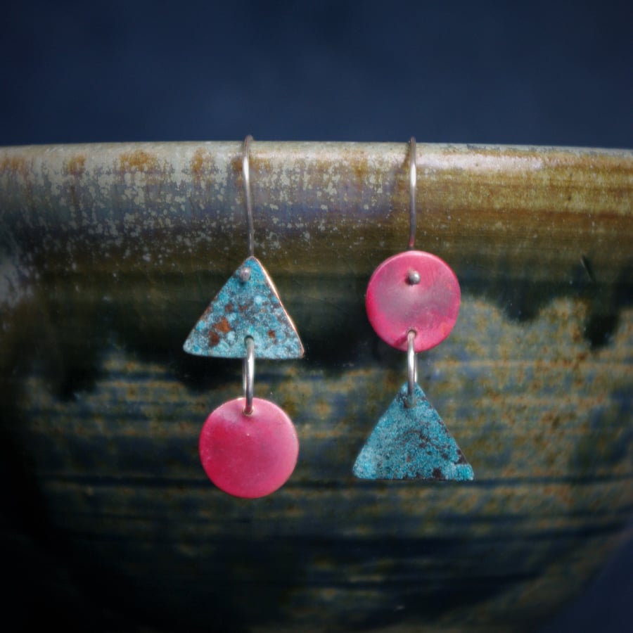 Mismatched Turquoise and Red Geometric Dangle Earrings