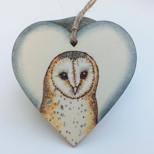 Barn Owl hanging heart decoration