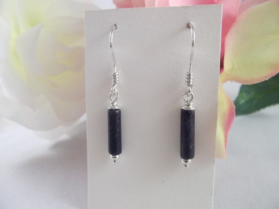 Lapis lazuli gemstone dangle earrings cylinder bead brow chakra truth