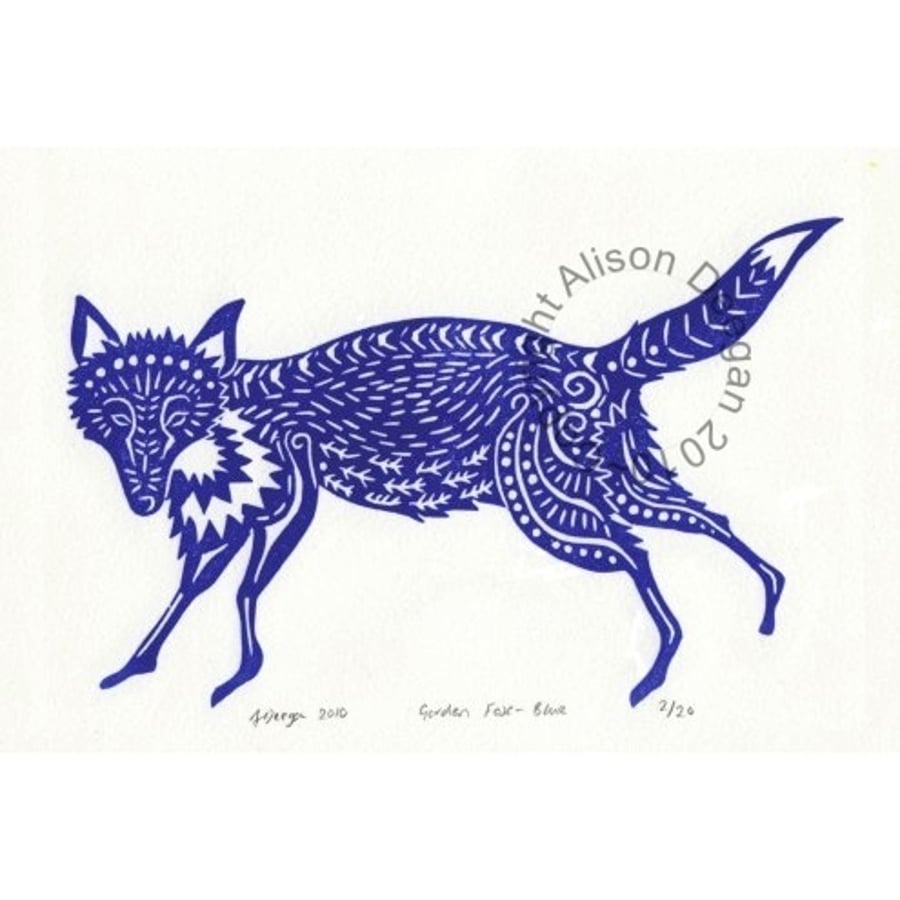 Original lino cut print "Garden Fox in Blue"
