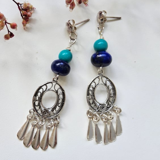 Designer Lapis Lazuli & Natural Turquoise Stud Sterling Silver Earrings ONE OFF