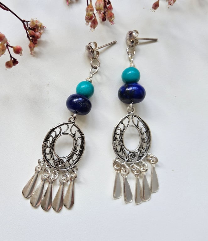 Designer Lapis Lazuli & Natural Turquoise Stud Sterling Silver Earrings ONE OFF