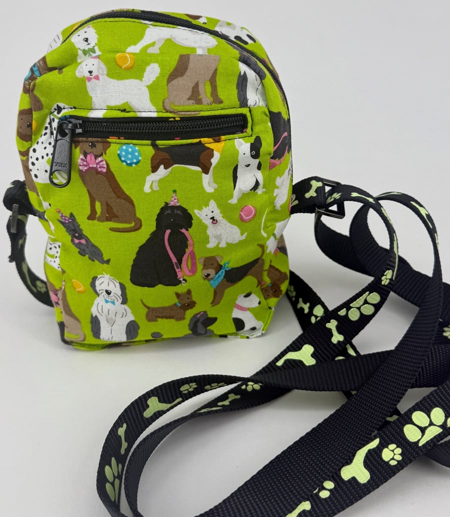 Bright green small cotton dog lover's crossbody bag, reflective strap