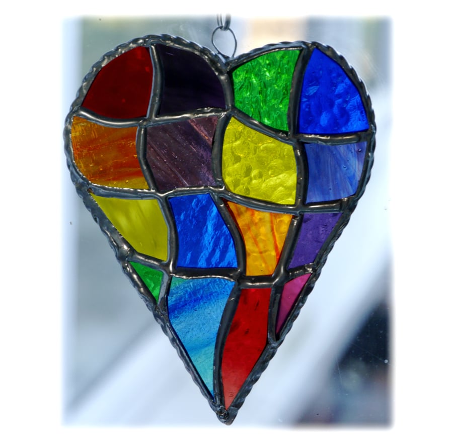 Patchwork Heart Suncatcher Stained Glass Handmade Rainbow 035