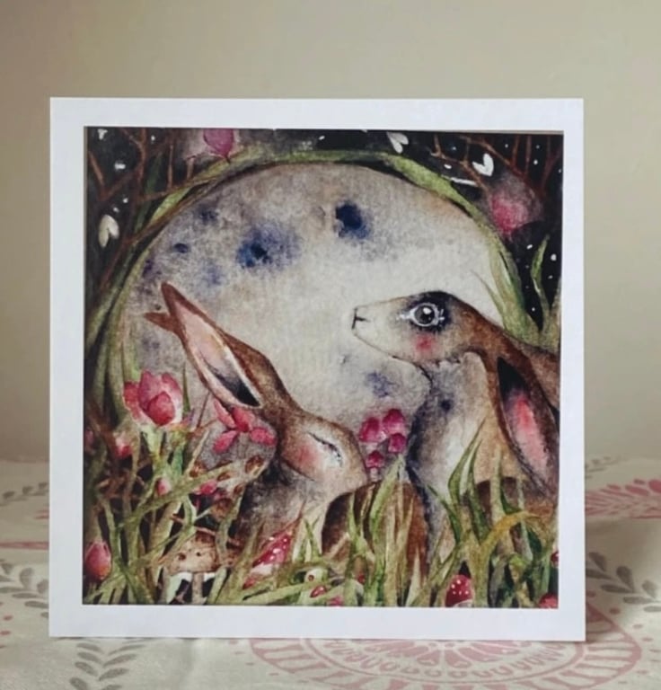 Mounted Print from my Original Moon Gazing Hares Rabbits  Watercolour Painting 