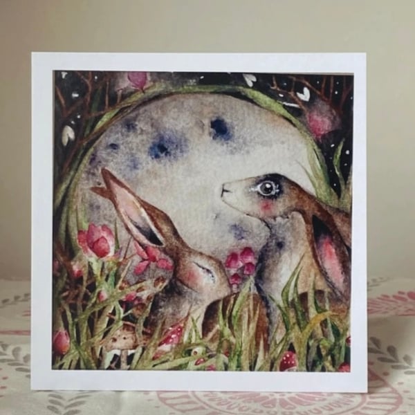 Mounted Print from my Original Moon Gazing Hares Rabbits  Watercolour Painting 