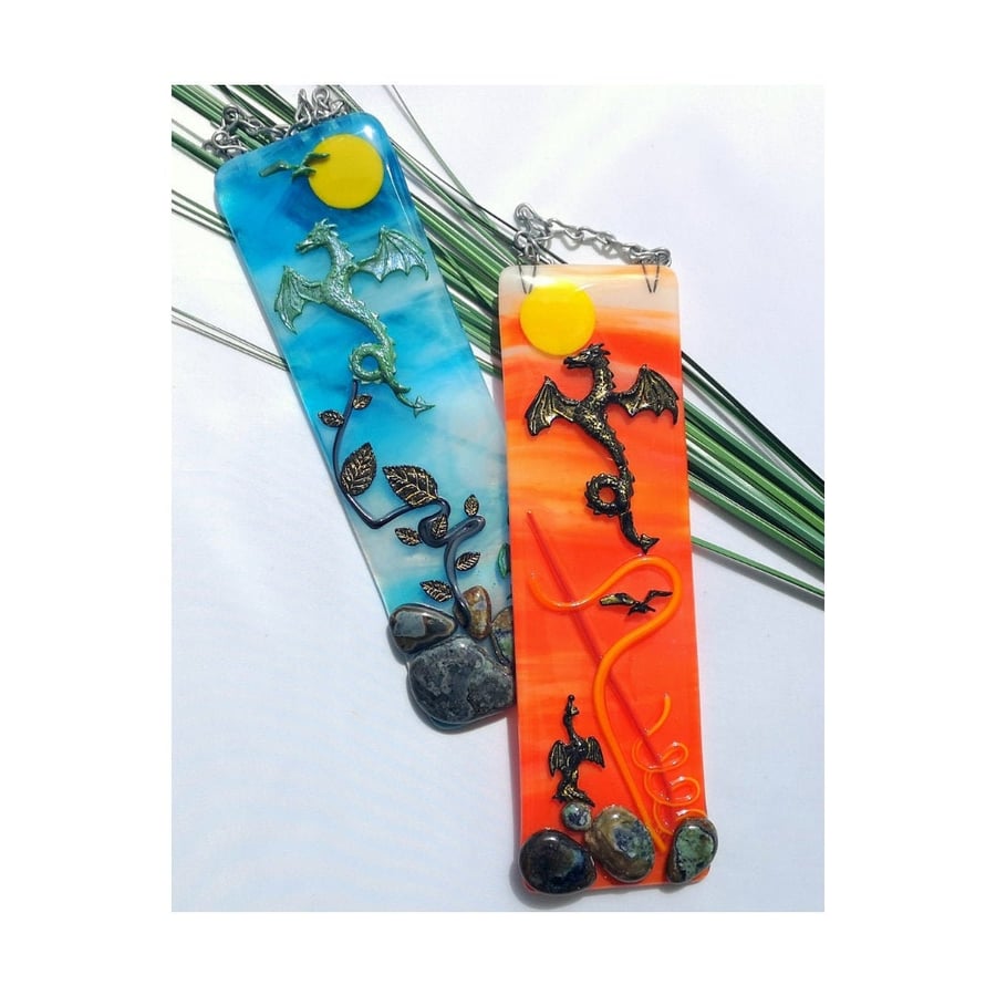 Handmade Fused Glass 3D Dragons Hanging Picture - Suncatcher - Sunset Wall Art