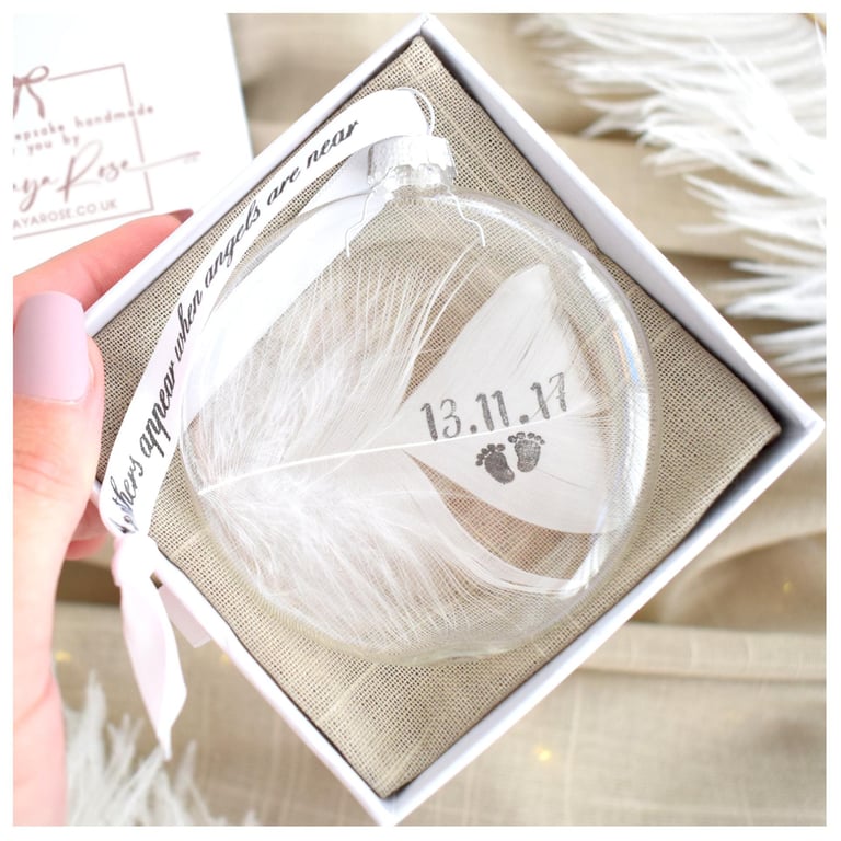 Real Personalised White Feather Memorial Bauble. Gift Boxed Name Date Stamped. G