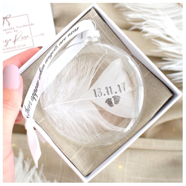 Real Personalised White Feather Memorial Bauble. Gift Boxed Name Date Stamped. G