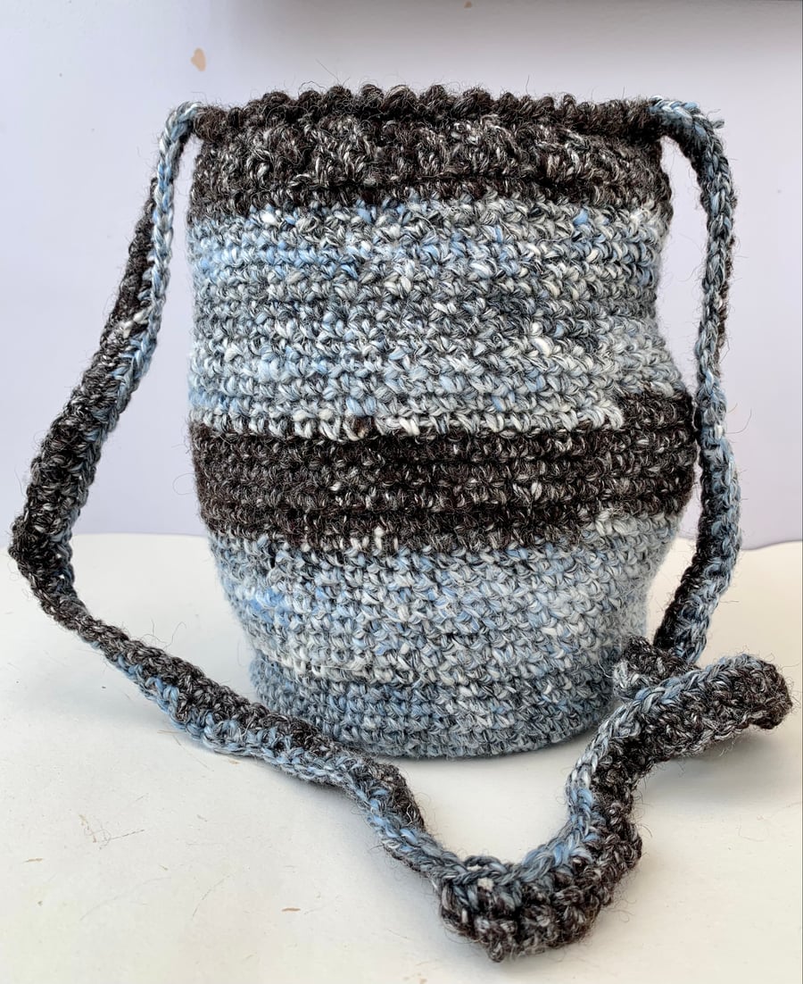 Hand spun wool and linen crochet crossbody bag. Handbag. 