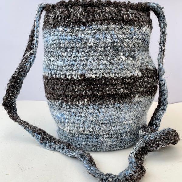 Hand spun wool and linen crochet crossbody bag. Handbag. 