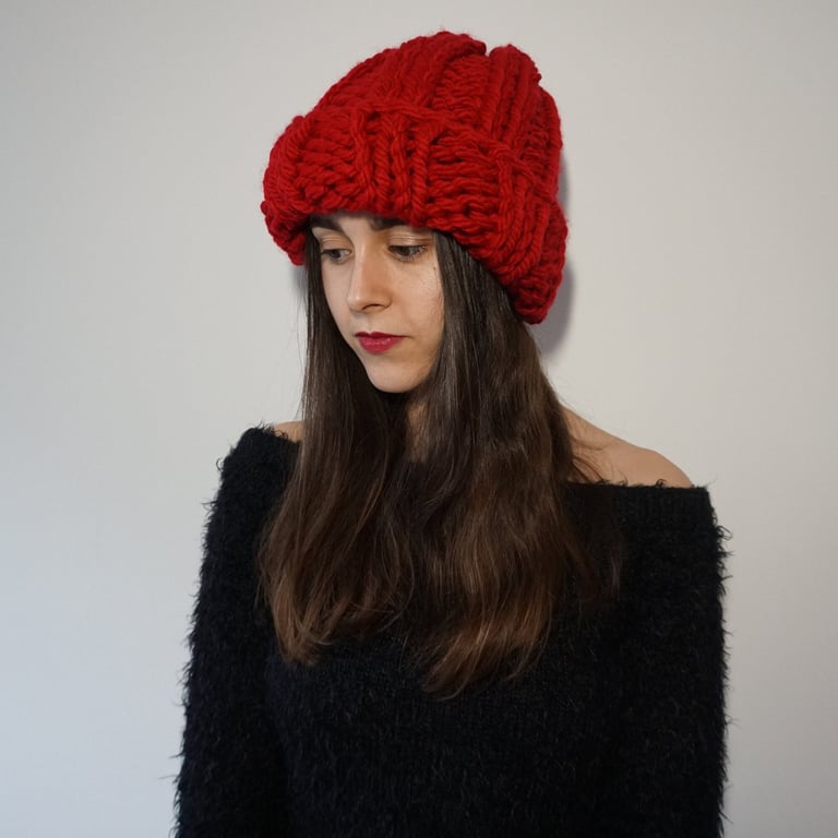 Valentine's Gift For Her, Women's Extra Chunky Soft Hand-Knit Over-Sized Red Hat