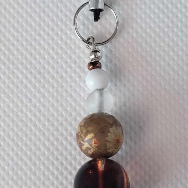 Gold, brown and floral beaded phone or bag charm