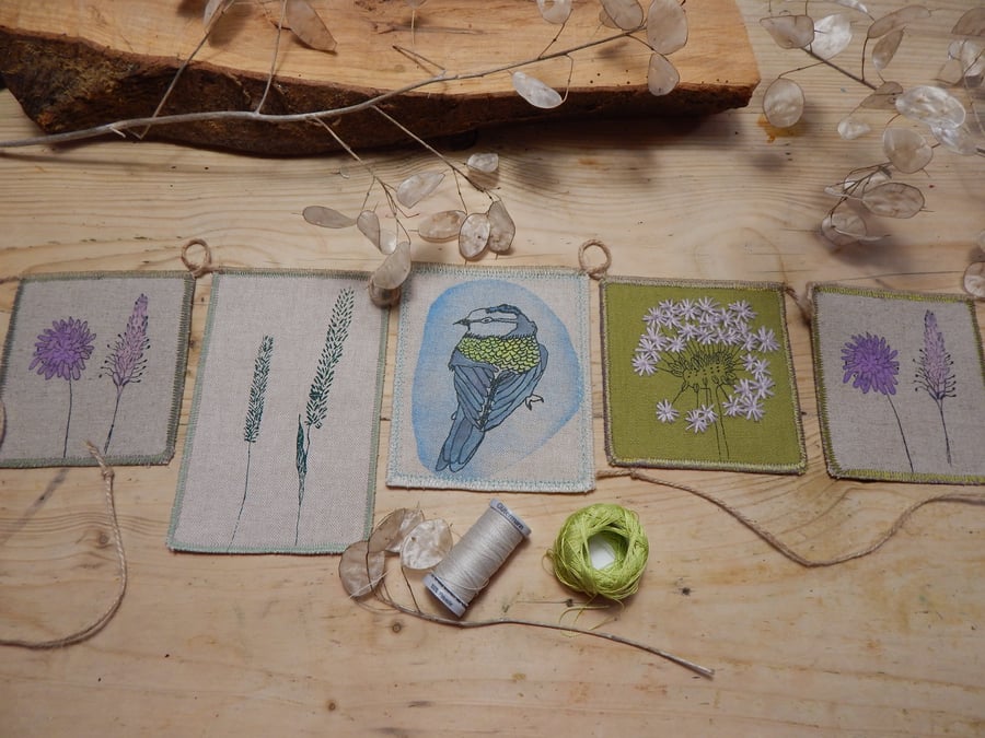 Bluetit and Wildflower  - 85 cm - Bunting Wall hanging