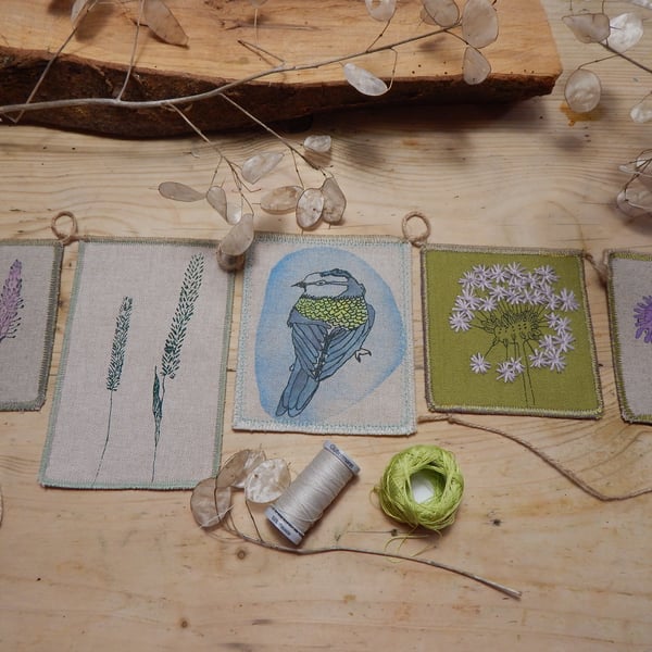 Bluetit and Wildflower  - 85 cm - Bunting Wall hanging