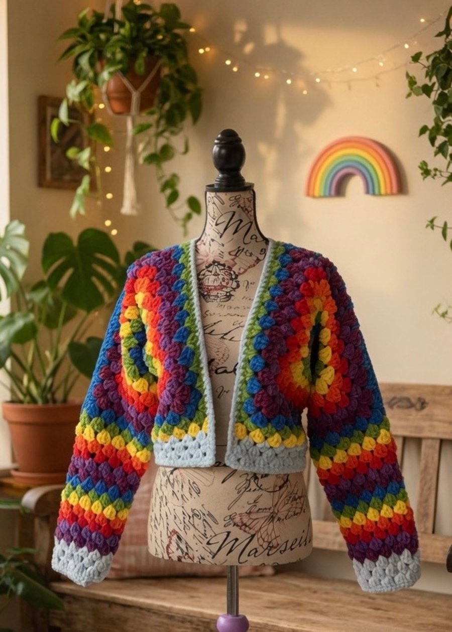 Rainbow Crochet Cropped Cardigan Size 10-12