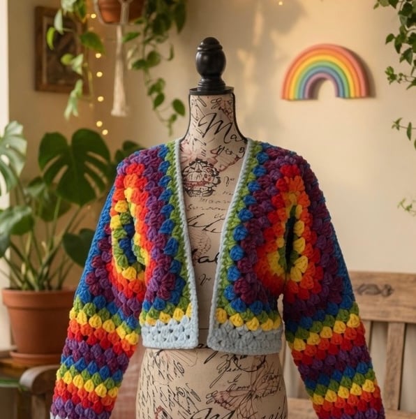 Rainbow Crochet Cropped Cardigan Size 10-12