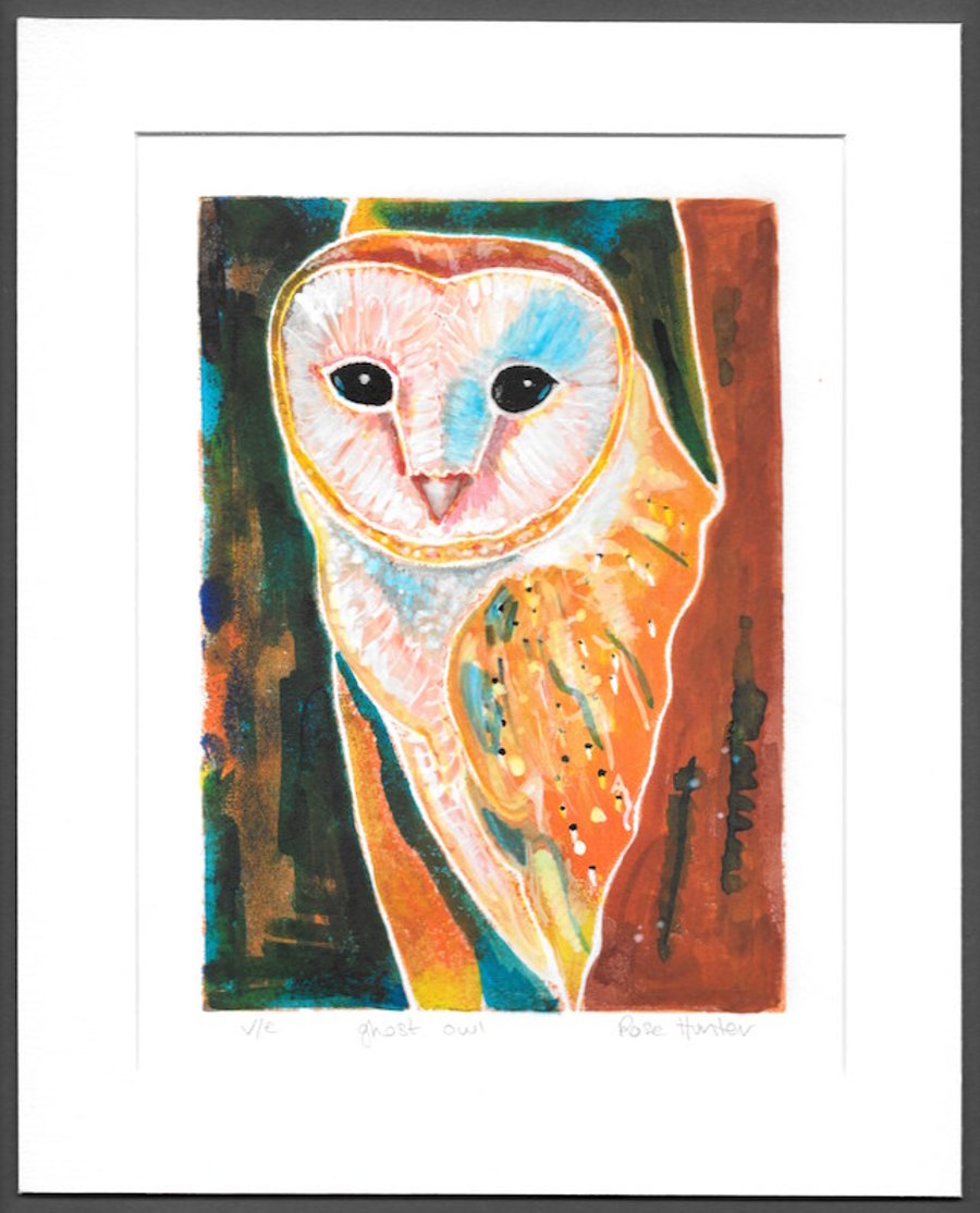 SALE ghost owl - original hand painted lino print 005