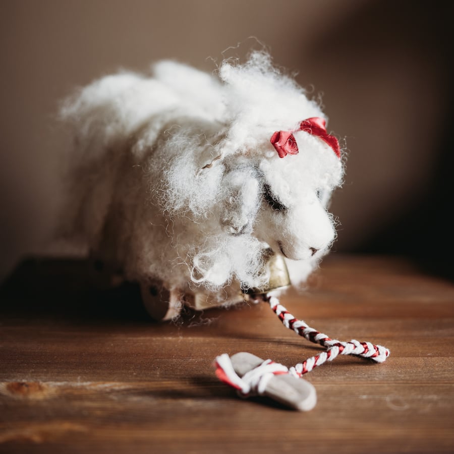 Pure wool sheep on wheels, art doll Dollie, pull along farm animal