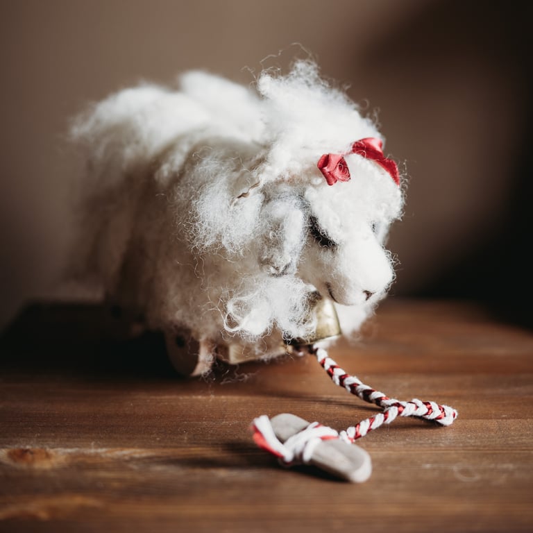 Pure wool sheep on wheels, art doll Dollie, pull along farm animal