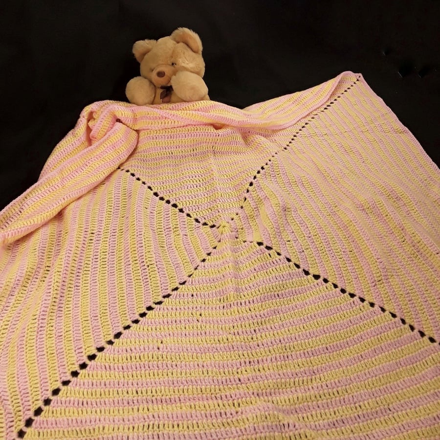 Hand crochet pink and lemon baby blanket granny square Seconds Sunday