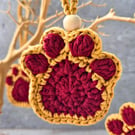 Crochet Paw Print Hanging Decoration, Essential Oil Diffuser- Burgundy & Mustard