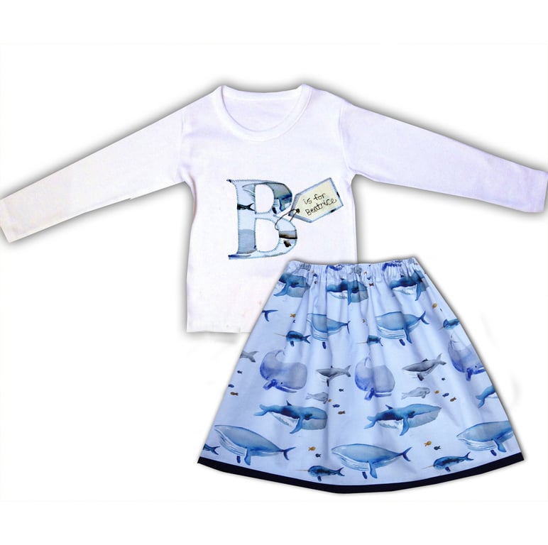 Girl's Personalised Whale Skirt and T-Shirt Outfit, Girls Clothes
