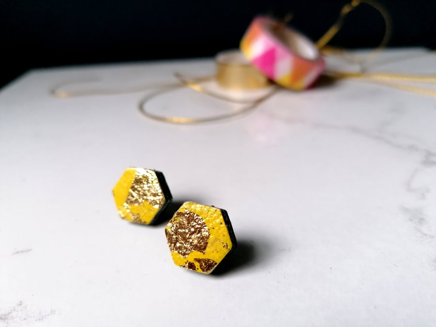 Hexagon Stud Earrings - Repurposed Leather - Yellow
