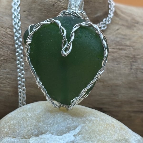 Scottish Green Sea Glass Pendant, Unique design, Heart