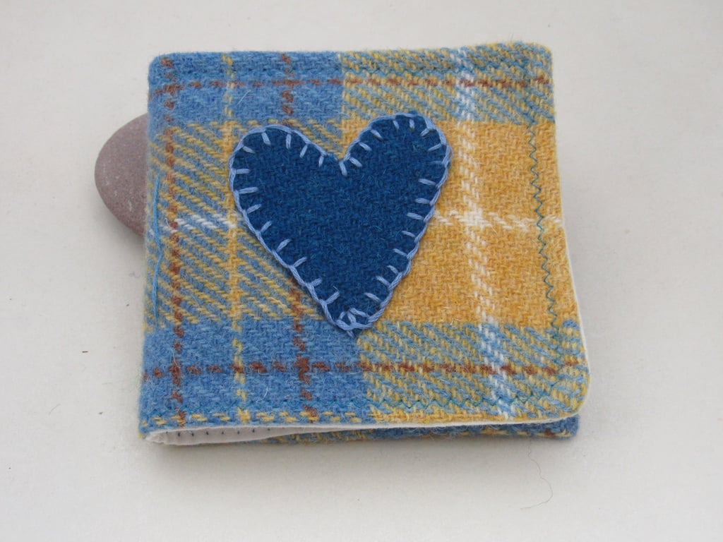 Handmade Yellow and Blue Heart Tweed Needlebook