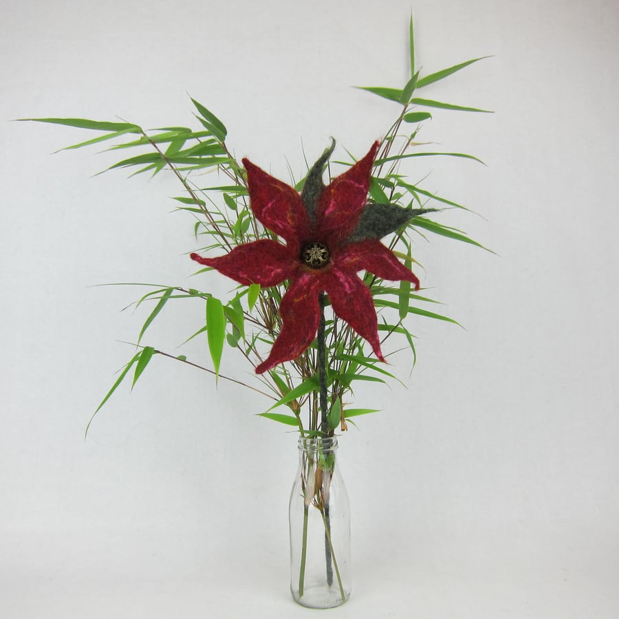 Felted flower, wool with silk fibres in red