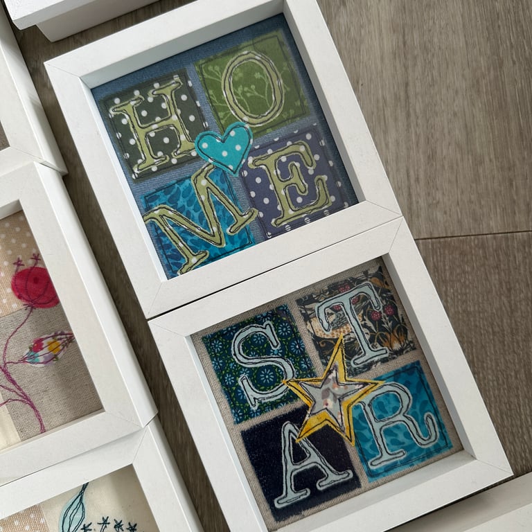 Home or Star Message Textile Art. Free Machine Embroidery Applique. Home Decor.