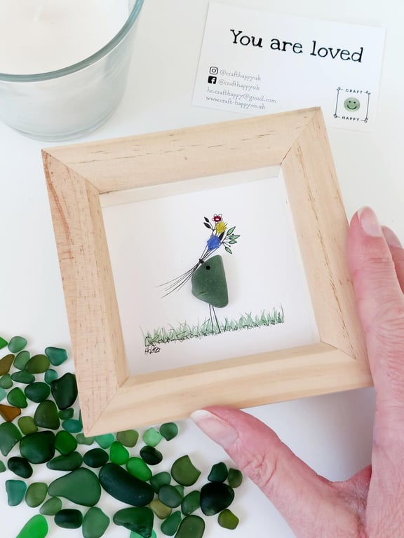 Sea Glass Bird with Flowers - Framed Picture Art - Thank you Gift, Gift for Mom