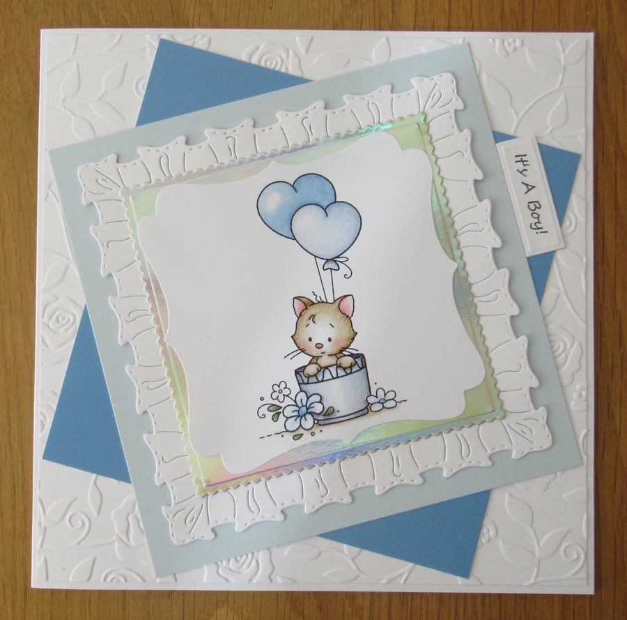7x7" Cute Kitten & Balloons - New Baby Boy Card