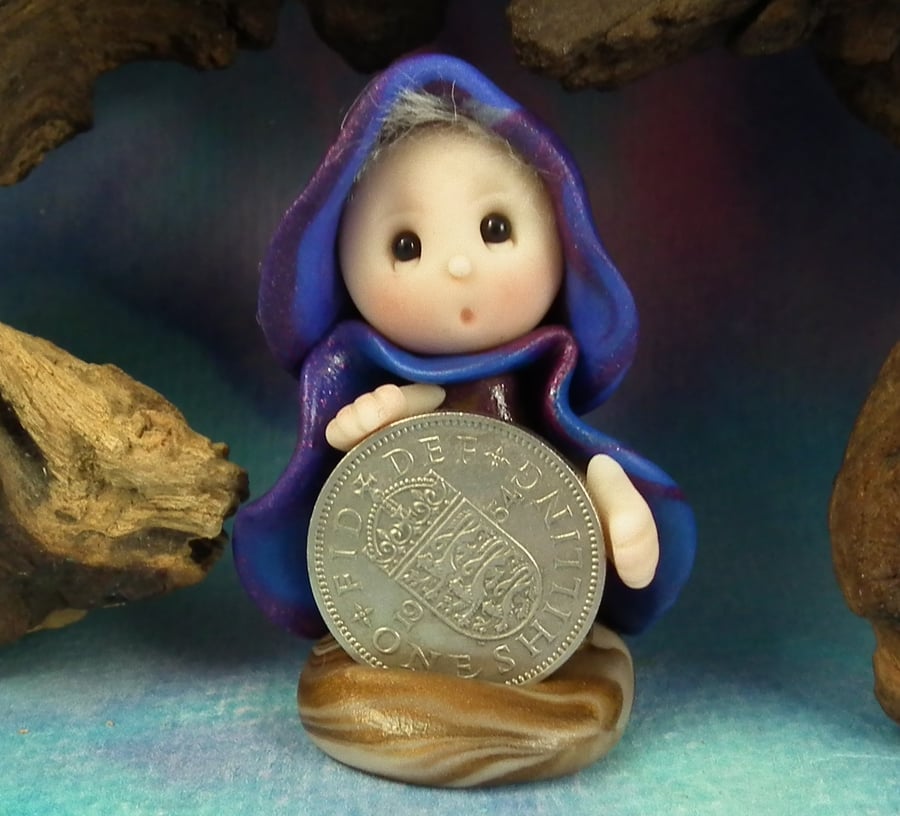 Tiny Shilling Gnome 'Sheilagh' with 1954 shilling OOAK Sculpt Ann Galvin