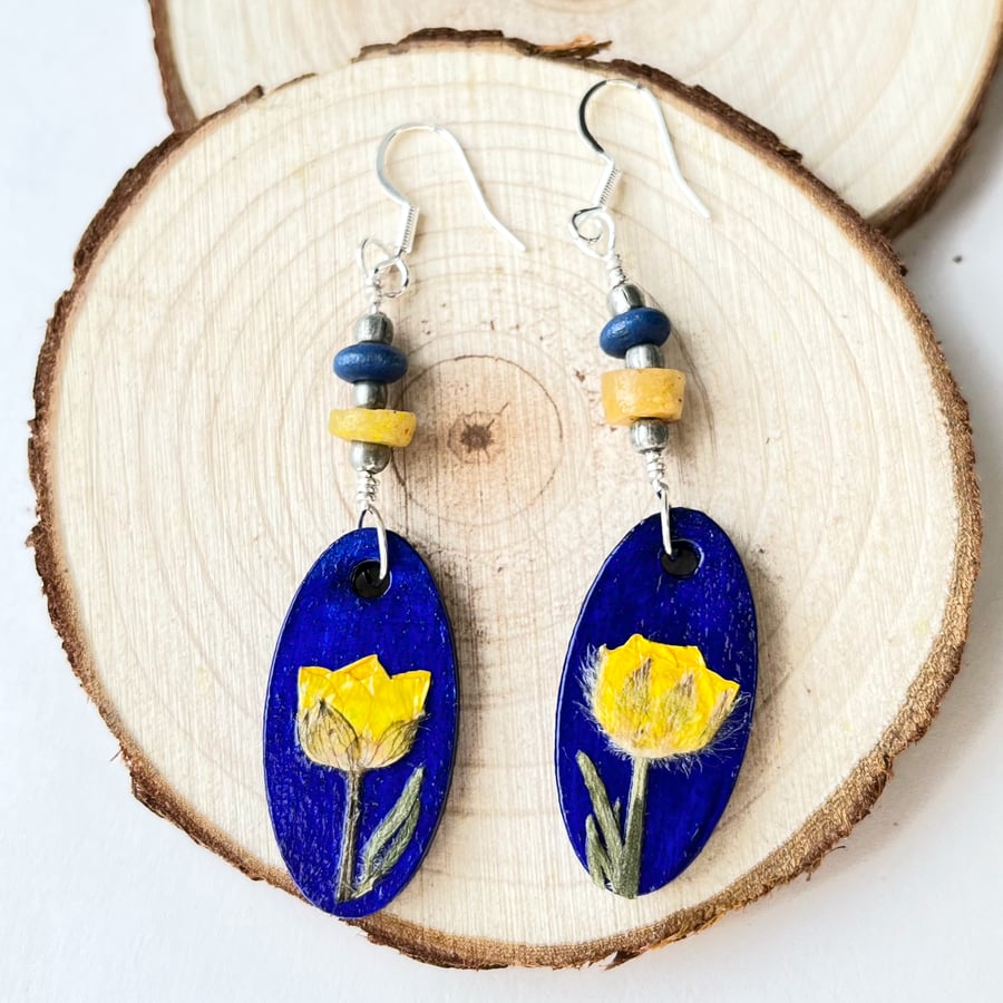 Real Pressed Buttercup Dangle Wood and Bead Sliver Plated Earrings