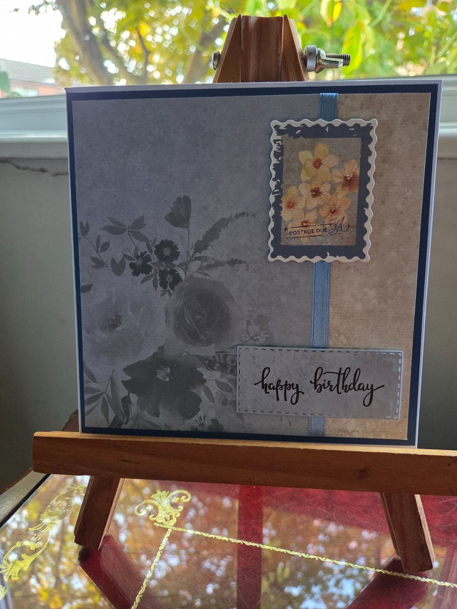 Blue Floral Happy Birthday Card – Handmade Vintage Style Birthday Card