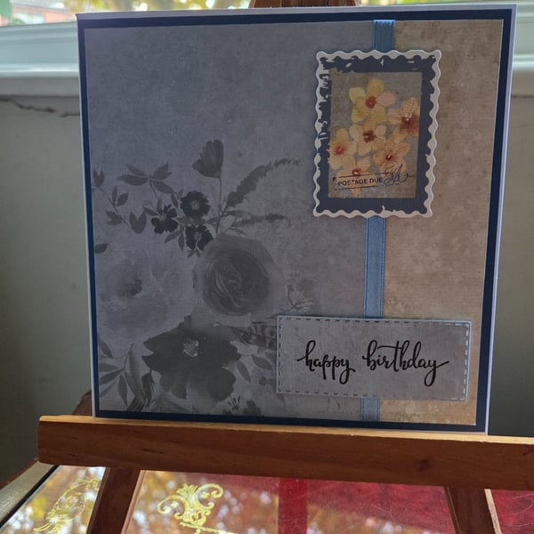 Blue Floral Happy Birthday Card – Handmade Vintage Style Birthday Card