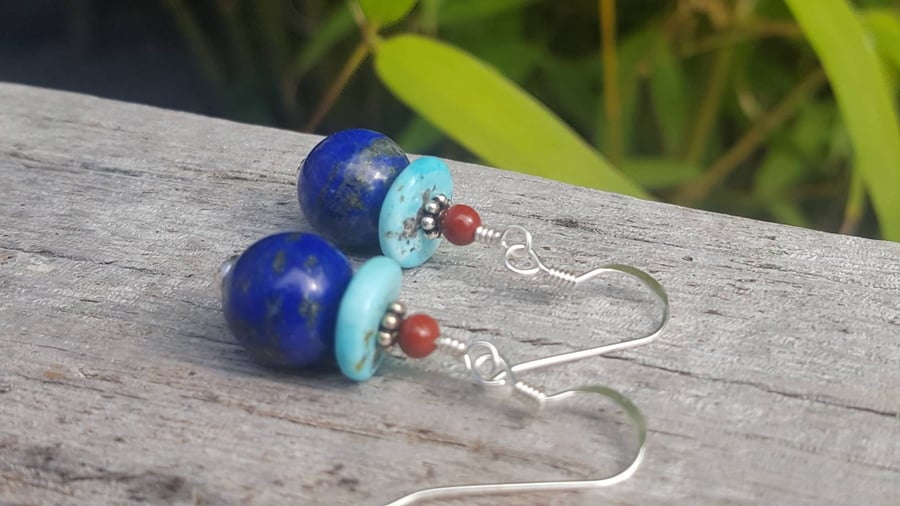 Lapis Lazuli, Sky Blue Turquoise and Mookaite Drop Earrings in Sterling Silver