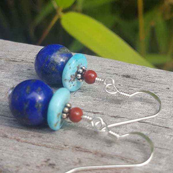 Lapis Lazuli, Sky Blue Turquoise and Mookaite Drop Earrings in Sterling Silver