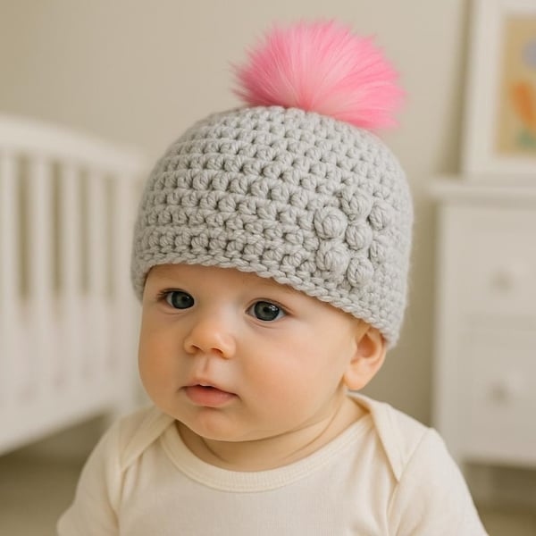 Light grey baby crocheted hat white faux fur pompom with purple & pink tips 