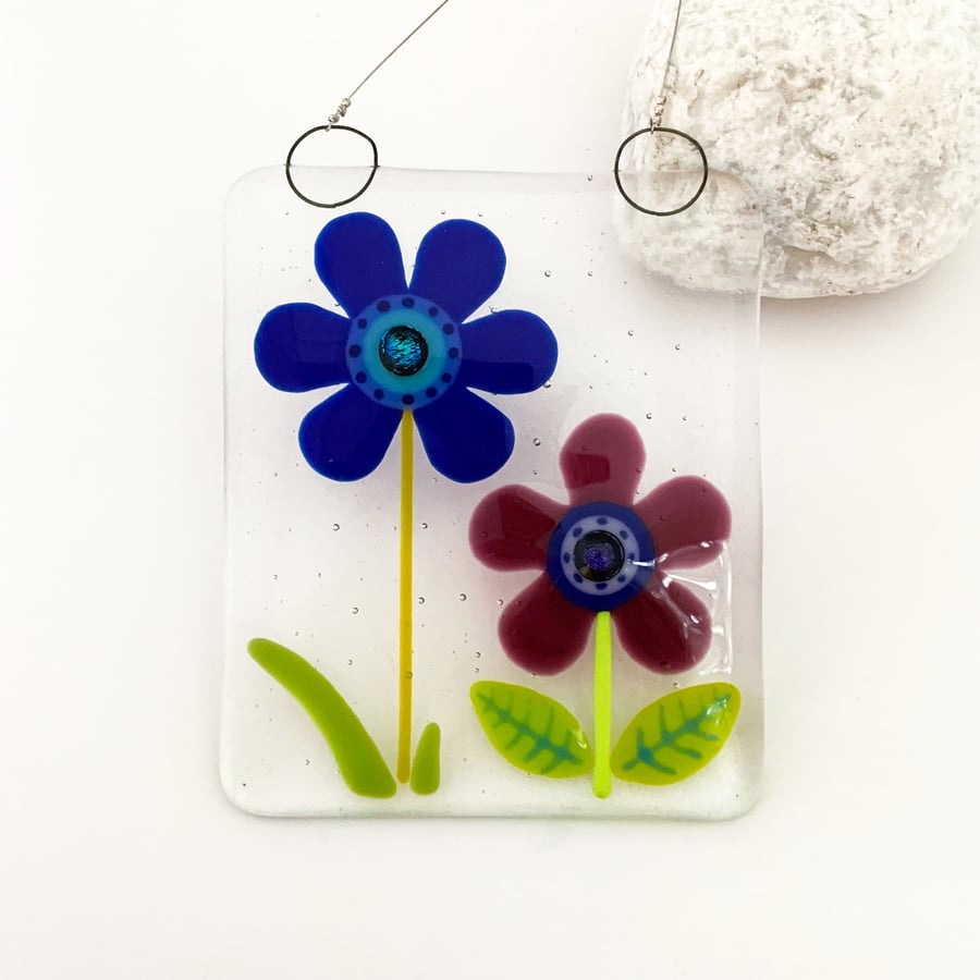 Fused Glass Cobalt and Purple Flowers Hanging - Handmade Glass Suncatcher