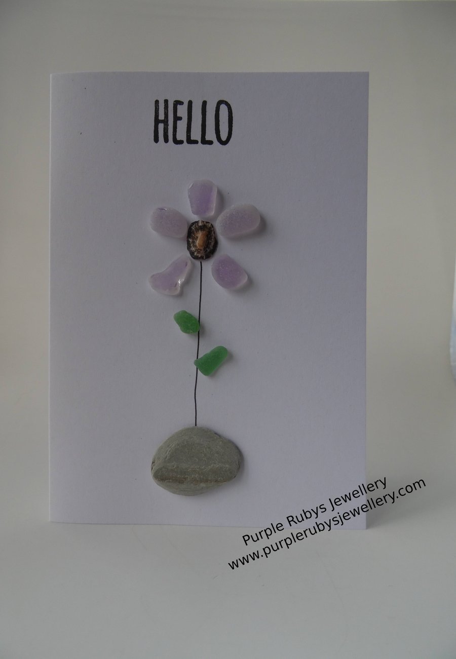 Purple Sea Glass Flower in Stone Vase 'Hello' Card C311
