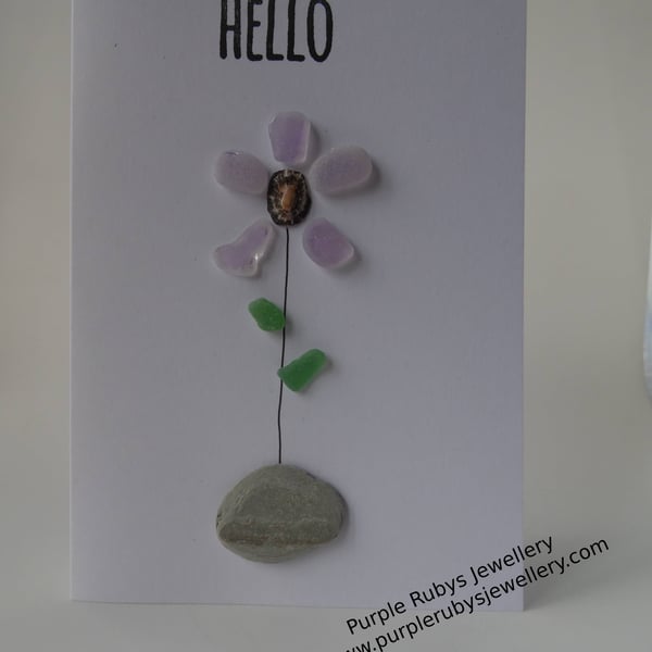 Purple Sea Glass Flower in Stone Vase 'Hello' Card C311