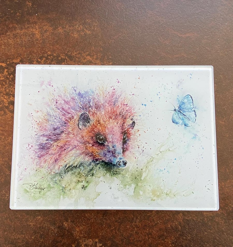 Holly Blue Hedgehog & Butterfly Glass Placemat, Table Mat, Glass Trivet, Hot Pla
