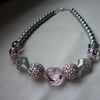 PINK, GREY, SILVER AND CRYSTAL CHUNKY NECKLACE.  976